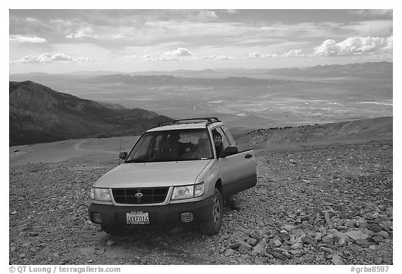 SUV on four wheel drive road on Mt Washington. Great Basin National Park (black and white)