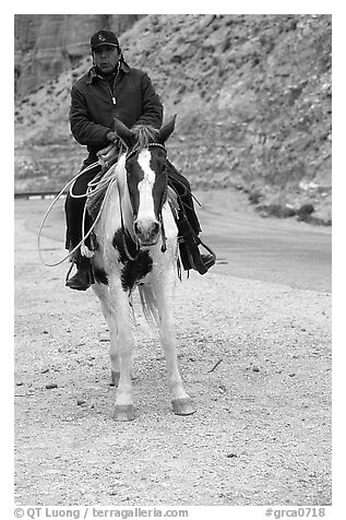 Havasu Indian on horse in Havasu Canyon. Grand Canyon National Park (black and white)
