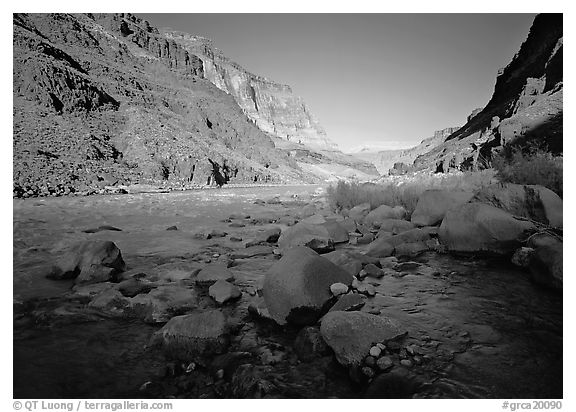 Bottom of Grand Canyon with Tapeats Creek joining  Colorado River. Grand Canyon National Park (black and white)