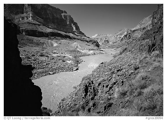 Colorado River with chocolate-colored waters in fall. Grand Canyon National Park (black and white)