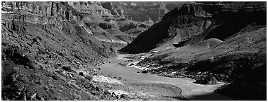 Colorado River meandering through canyon. Grand Canyon National Park (Panoramic black and white)