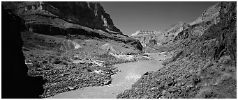Muddy waters of Colorado River. Grand Canyon National Park (Panoramic black and white)