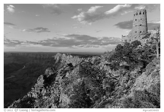 Indian Watchtower and canyon at sunset. Grand Canyon National Park (black and white)