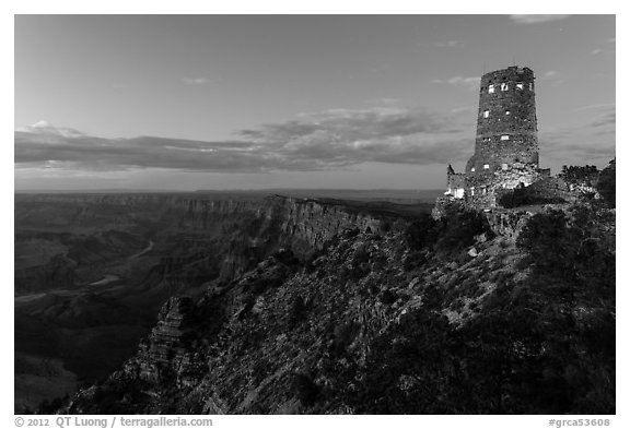 Watchtower and Desert View at dusk. Grand Canyon National Park (black and white)