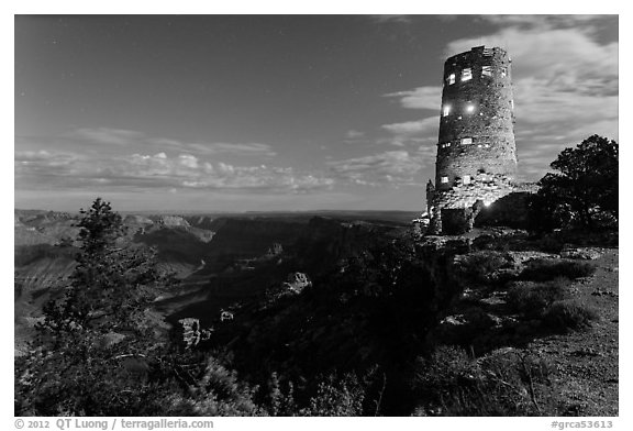 Mary Jane Colter Desert View Watchtower at night. Grand Canyon National Park (black and white)