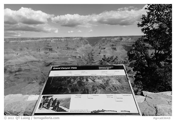 Iinterpretive sign, Mather Point. Grand Canyon National Park (black and white)