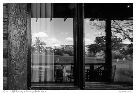 South Rim, El Tovar Hotel restaurant window reflexion. Grand Canyon National Park (black and white)