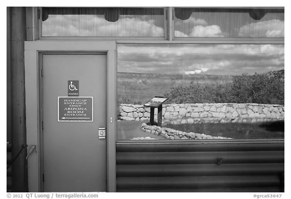 South Rim, Bright Angel lodge window reflexion. Grand Canyon National Park (black and white)