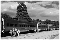 Passengers board Grand Canyon train. Grand Canyon National Park ( black and white)