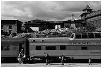 Grand Canyon train and El Tovar Hotel. Grand Canyon National Park ( black and white)