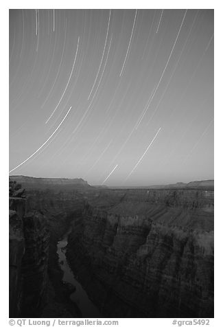 Star trails and narrow gorge of  Colorado River at Toroweap. Grand Canyon National Park (black and white)