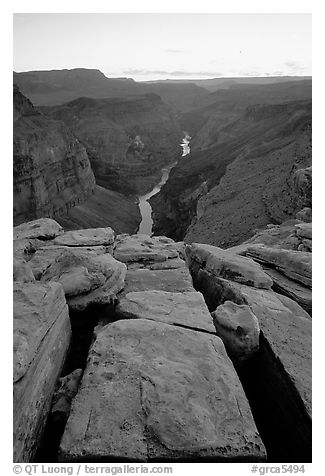 Cracks and Colorado River at Toroweap, dusk. Grand Canyon National Park (black and white)