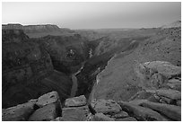 Cracked rocks and Colorado River at Toroweap, dawn. Grand Canyon National Park ( black and white)