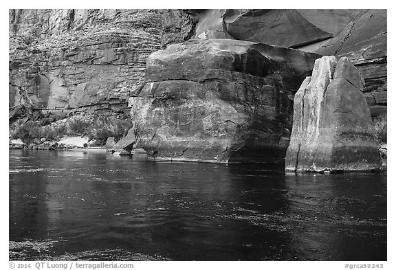 Red rocks and reflections in Colorado River. Grand Canyon National Park (black and white)
