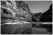River-level view of glassy waters before rapids, Marble Canyon. Grand Canyon National Park ( black and white)