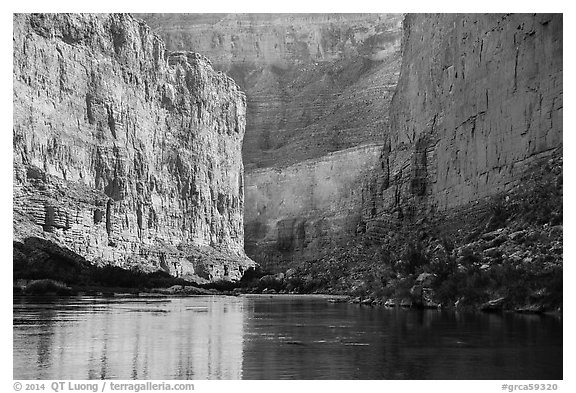 River-level view of redwalls in Marble Canyon. Grand Canyon National Park (black and white)