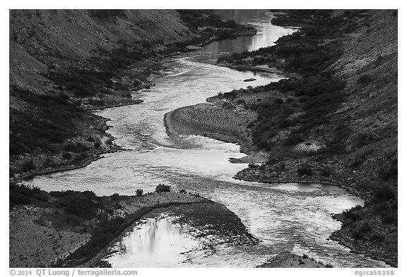 Cliffs reflected on the meanders of the Colorado River, Nankoweap. Grand Canyon National Park (black and white)