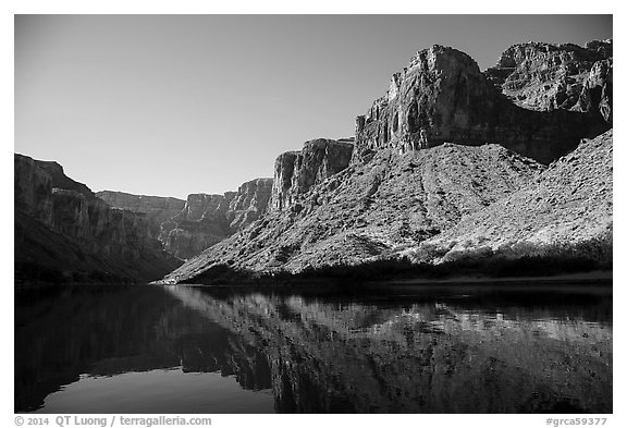 Buttes and glassy reflections in Colorado River. Grand Canyon National Park (black and white)