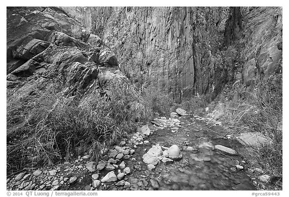 Cliffs and stream, Clear Creek. Grand Canyon National Park (black and white)