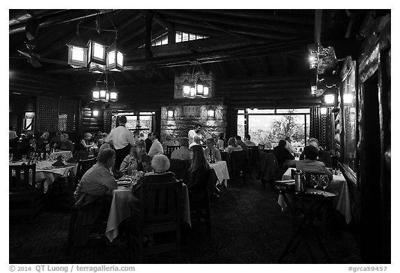 Dining room in evening, El Tovar. Grand Canyon National Park (black and white)