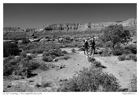 Backpackers on  Esplanade, Thunder River and Deer Creek trail. Grand Canyon National Park (black and white)