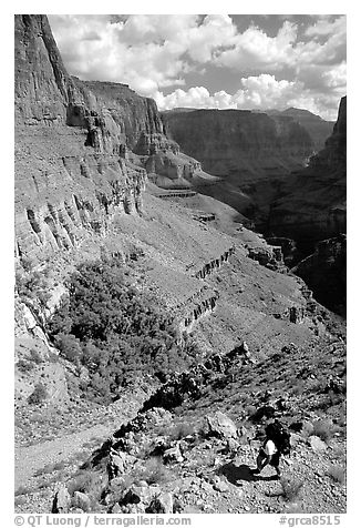 Backpacker on switchbacks above Tapeats Creek. Grand Canyon National Park (black and white)