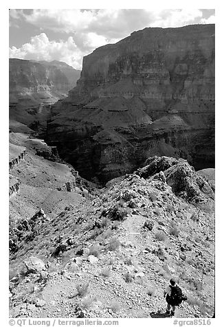 Solo Backpacker above Thunder River. Grand Canyon National Park (black and white)