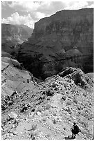 Solo Backpacker above Thunder River. Grand Canyon National Park, Arizona, USA. (black and white)