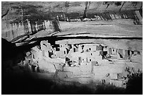 Cliff Palace, largest Anasazi cliff dwelling, afternoon. Mesa Verde National Park, Colorado, USA. (black and white)