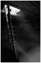 Ladder through a smoke hole in Spruce Tree house. Mesa Verde National Park, Colorado, USA. (black and white)
