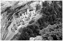 Cliff Palace from above, late afternoon. Mesa Verde National Park, Colorado, USA. (black and white)