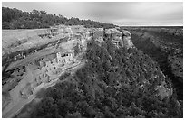Cliff Palace and Chaplin Mesa, late afternoon. Mesa Verde National Park, Colorado, USA. (black and white)