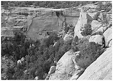 Square Tower house at  base of Long Mesa cliffs. Mesa Verde National Park ( black and white)