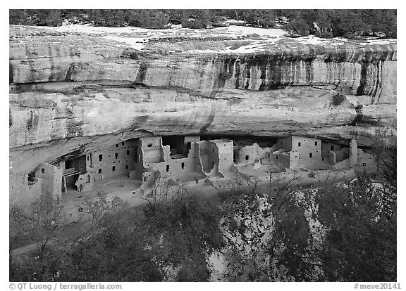 Spruce Tree house and alcove in winter. Mesa Verde National Park (black and white)