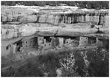 Spruce Tree house and alcove in winter. Mesa Verde National Park, Colorado, USA. (black and white)