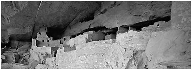 Cliff Palace, largest Anasazi cliff dwelling. Mesa Verde National Park (Panoramic black and white)