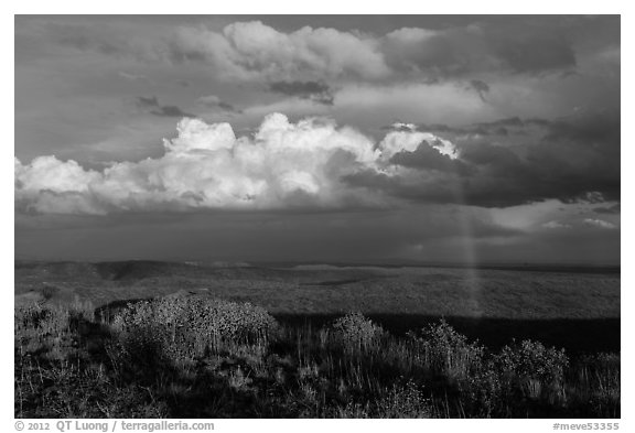 Rainbow and thunderstorm clouds over mesa. Mesa Verde National Park (black and white)