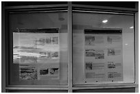 Sunset and attractions listings, Far View visitor center window reflexion. Mesa Verde National Park ( black and white)