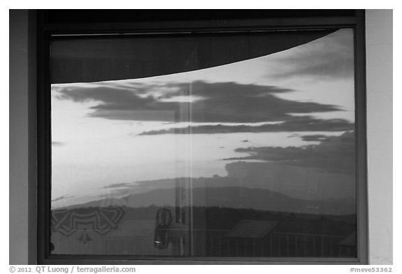 Mesa at sunset, Far View visitor center window reflexion. Mesa Verde National Park (black and white)