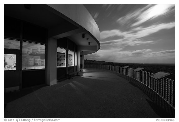 Far View visitor center terrace by moonlight. Mesa Verde National Park (black and white)