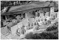 Cliff Palace sheltered by rock overhang. Mesa Verde National Park, Colorado, USA. (black and white)