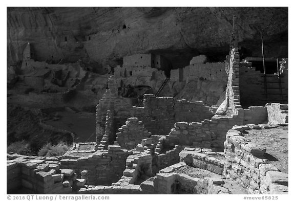 Ruined Anasazi pueblo walls, Long House. Mesa Verde National Park (black and white)