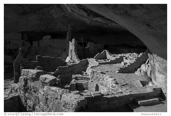 Long House, large Ancestral Puebloan structure. Mesa Verde National Park (black and white)