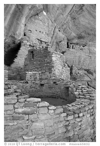 Kiva and dwellings, Long House, Wetherill Mesa. Mesa Verde National Park (black and white)