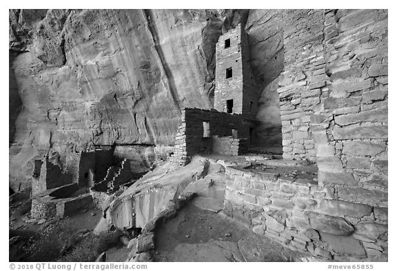 Ground-level view of Square Tower House. Mesa Verde National Park (black and white)