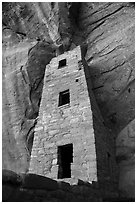 Three-storied tower from below, Square Tower House. Mesa Verde National Park ( black and white)