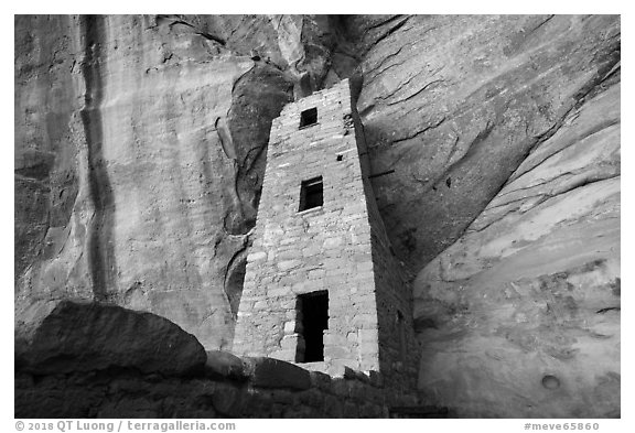 Cliff and three story tower from below, Square Tower House. Mesa Verde National Park (black and white)