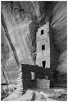 Tower and cliff inside Square Tower House. Mesa Verde National Park ( black and white)
