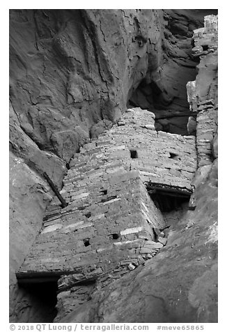Crows Nest perched high in cliff crevice, Square Tower House. Mesa Verde National Park (black and white)