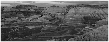 Badland scenery at dusk, Blue Mesa. Petrified Forest National Park (Panoramic black and white)